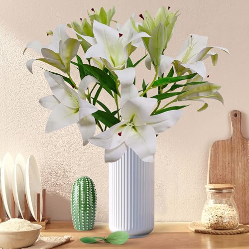 Artificial Lily Flowers,4 Pcs Faux Lily Flowers,32.5 Inch Long Stem Tiger Lily Branch with 2 Full Blooms and 1 Bud, Latex Real Touch Lilium Flower for Wedding Bouquet (4, White) - color: White