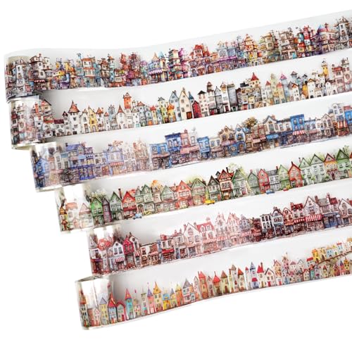 Weird House PET Tape Set with Clip, 6 Rolls of Vintage Town Stickers for Scrapbooking, Journaling, DIY Crafts, and Planners - color: Curious House