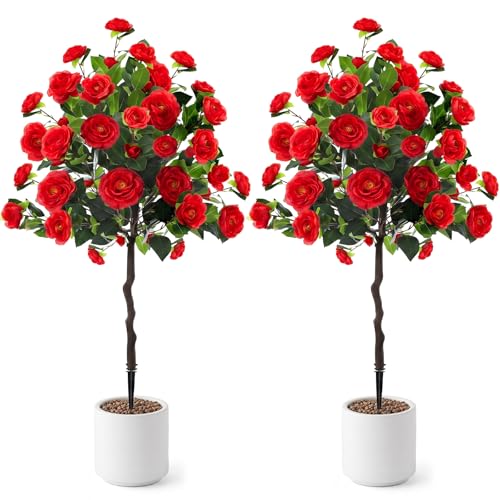 Lunmon 2 Pack 4ft Artificial Camellia Plants Tree Without Vase 48" Faux Camellia Flower with Spike UV Resistant Realistic Fake Floral Blooming Bush for Outdoor Front Door Porch Backyard Garden, Red - color: Red, size: 4 ft