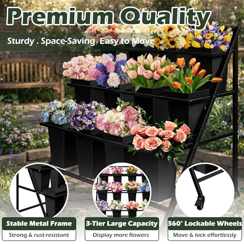 PROLEE Flower Display Stand with 12 Buckets, Flower Cart 3 Layers, Flower Stand Metal with Wheels, Moving Florist Bouquet Shelf, Triangular Rack Black - color: Black