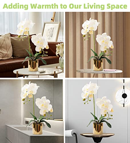 Artificial Orchid Flowers White Faux Orchids with Ceramic Vase Vivid Fake Phalaenopsis Flower Arrangement Gorgeous Artificial Plants for Office Desk Wedding Party Exhibition Center & Home Table Decor - color: White-golden