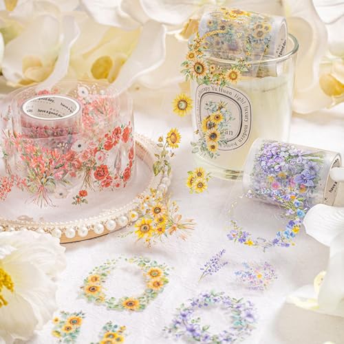 PET Tape Stickers for Journaling 6 Rolls Flower Washi Tape Stickers Decorative Tape for Crafts Scrapbooking Junk Journal Supplies, Wreath of Letters - color: Wreath of Letters