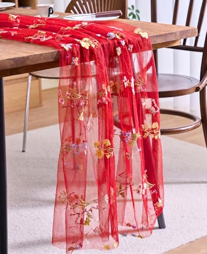 vctops 2 Packs Embroidery Lace Christmas Table Runner 10ft Floral Garden Seasonal Tulle Table Runner Holiday Kitchen Dining Table Decoration for Wedding Party Baby Shower Birthday (Red,30"x120") - color: Red