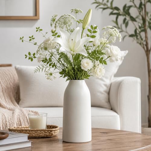hjn 12 Inch White Ceramic Vase for Flowers, Matte Tall Modern Vase for Decor Minimalist Flower Vase for Home Decor Living Room Tabletop Centerpiece - size: 6D'' x 12"H(matte)
