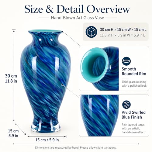 11.8" Tall Blue Hand Blown Glass Vase, Wide Mouth Art Glass Vase for Coastal Home Decor Centerpiece, Decorative Flower Vase for Living Room, Dining Table, Shelf Mantel, Entryway (Ocean Blue) - color: Ocean Blue