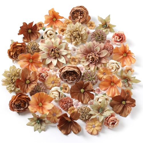Fake Flower Heads Bulk - Coffee Silk Daisy & Rose Fall Artificial Flower for Crafts, DIY, Graduation Cap, Wedding, Party, Cake Topper, Home Garland Decor - color: Coffee