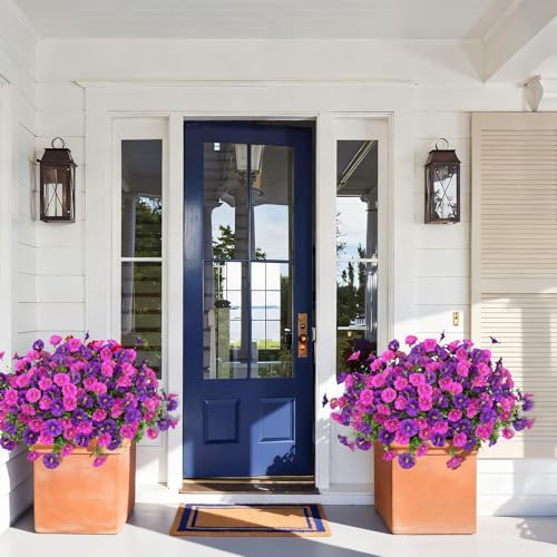 Artificial Flowers for Outdoors, 16 Bundles Mix Color Silk Faux Flowers Morning Glory UV Resistant Eucalyptus Plants Fake Petunias Plants for Porch Garden Planters Window Box Outside Indoor Decor - color: Purple Light Fuchsia