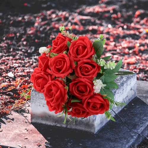 Cemetery Flowers for Grave 2pcs Grave Flowers for Cemetery-Red Silk Memorial Artificial Rose Flowers for Headstones Gravesite Graveyard Grave Vase Decorations - color: Red