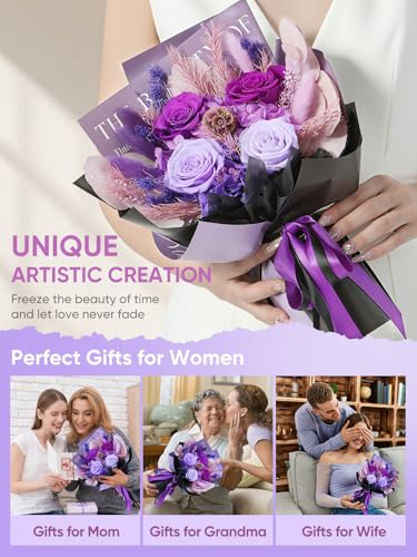 Bessol Flowers for Delivery Preserved Flower Bouquet Forever Fresh Flowers Birthday Gifts for Women Mom Anniversary Red Real Rose Gifts for Grandma Wife Girlfriend Sister Her from Daughter - color: Purple Preserved Flower Bouquet, size: Small