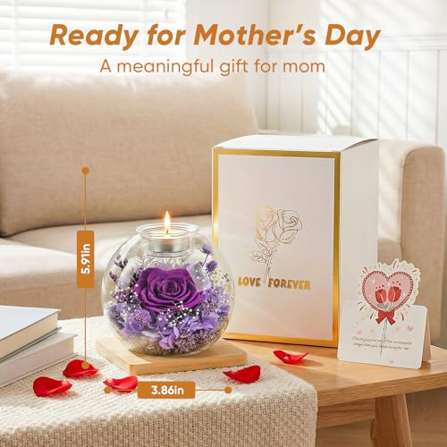 Preserved Real Rose in Glass with Scented Candles for Mom Her Wife Girlfriend Grandma Birthday Anniversary Romantic - color: Zenith Purple