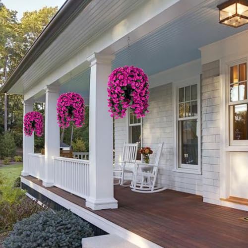 HyeFlora Artificial Fake Hanging Flowers Plants for Outdoor Outside Decoration, 2PCS Faux Silk UV Resistant Look Real Fuchsia Morning Glory Trailing Vines for Home Planter Porch Patio - color: Fuchsia 2