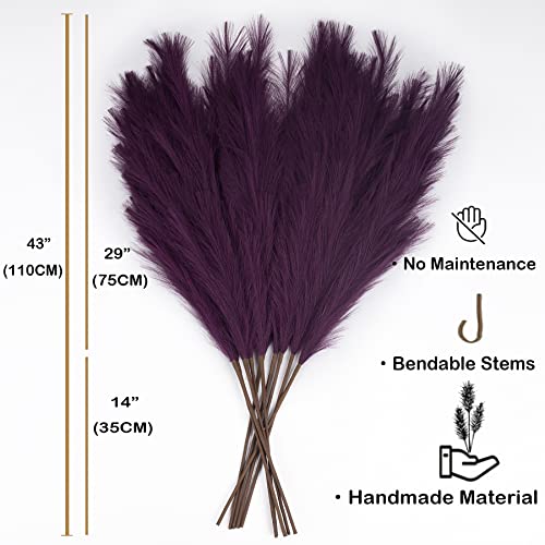Pampas Grass Decor Tall, 43"/110cm Faux Pampas Grass 6 Stems Large Pompass Grass Branches Tall Bulk Boho Flower Arrangement for Home Room Wedding Party Decor(Purple) - color: Purple