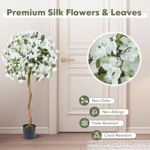 Goplus 53” Bougainvillea Artificial Tree, Faux Silk Flower Tree in Pot w/ 576 Flowers, 288 Leaves, Tall Fake Floor Plant, Artificial Plants for Indoor Outdoor Bedroom Living Room Decor, White - color: White, size: 1 Pack