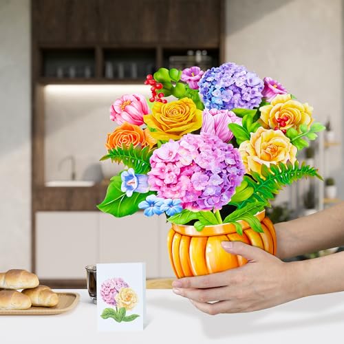 Airpark 3D Pop Up Paper Flowers Bouquet Card 12’‘ with Note & Envelope, Birthday Gifts, Get Well, Thank You, Greeting Cards for Women Mom Wife Friends, Nobility Hydrangeas Rose - style: Rose Hydrangea Pumpkin