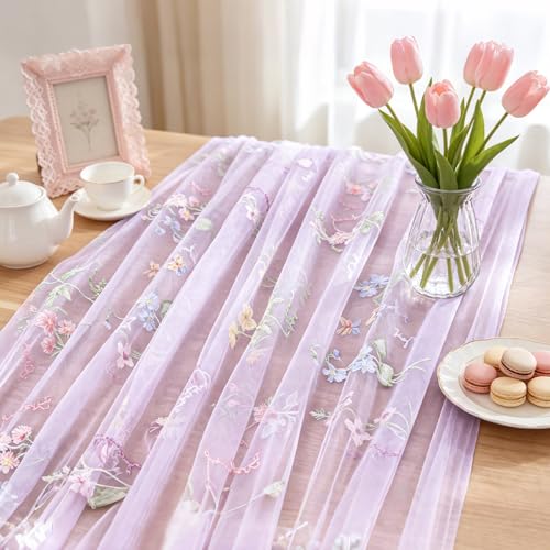 BINBE 6pcs Purple Florals Table Runner Embroidery Gauze 10FT Daisy Seasonal Tulle Birthday Wedding Holiday Kitchen Dining Table Decor for Home Party - color: Purple, size: 10ft x 6pack