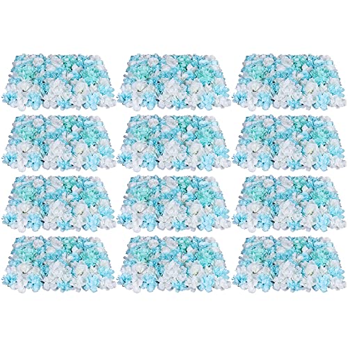DNYSYSJ Flower Wall 12PCS 23.62" x 15.75" x 0.79" Blue & White Hydrangea Artificial Rose Flowers Panel Silk Fabric Wall Mat Floral Backdrop with Stand Blue 2D for Garden Patio Wedding Stage Decor - color: Blue and White, size: 12 pieces