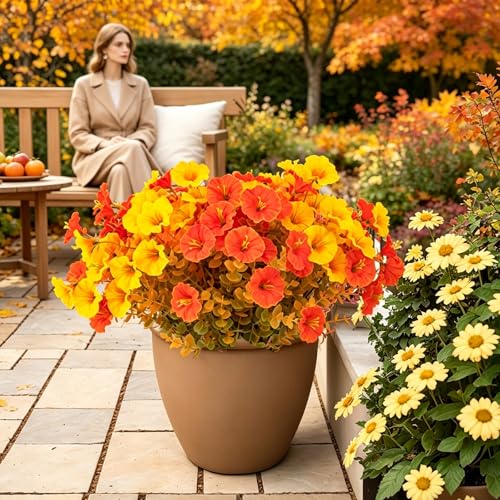 6 Pcs Artificial Fall Flowers 13.7 Inch Faux Autumn Floral Stems Mixed Burnt Orange Fake Bouquet Thanksgiving Table Centerpiece Home Decor - color: Orange Yellow