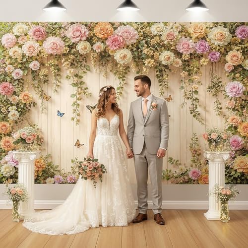 JAWO 6X4ft Floral Wooden Backdrop Multicolor Roses Vines Butterfly Photo Background Vinyl Fabric Indoor Outdoor Wedding Bridal Shower Baby Shower Birthday Engagement Party Decor Photo Booth Prop - color: Beige, size: 6X4