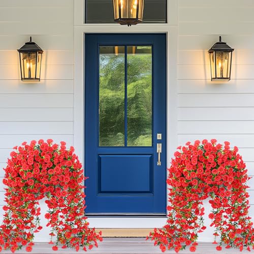 Yastouay Artificial Hanging Flowers for Outdoors, Fake Hanging Flowers for Decoration, UV Resistant Artificial Outdoor Plants, 2 Pcs Morning Glory for Outdoors Garden Patio Porch Yard Decoration, Red - color: Red, size: 2 Pack