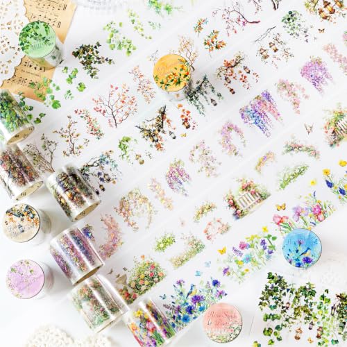 PET Tape Stickers for Journaling 6 Rolls Pre-Cut Flower Washi Tape Stickers Decorative Tape for Crafts Scrapbooking Junk Journal Supplies, Flower Branch - color: Flower Branch