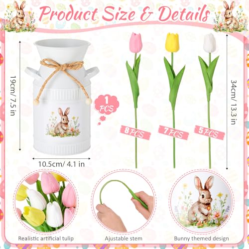 21 Pcs Artificial Tulip Centerpiece Decor with Vase Artificial Flower Bouquet Vintage Bunny Metal Flower Bucket Summer Tulip Floral for Party Spring Home Decor(Multicolor,Funny) - color: Multi Color, style: Funny