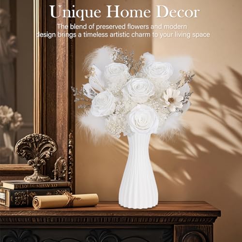 Preserved Bouquet of Flowers - 5 Roses & Flowers for Delivery, Real White Forever Flower, Eternal Roses Bouquet, Mothers Day Gifts for Mom Grandma Wife, Anniversary Birthday Gifts for Women - color: White