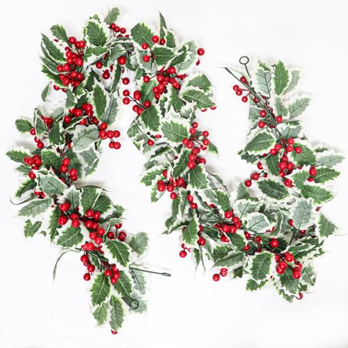 MAKHOT 6Ft Eucalyptus Garland, Green Leaves Wreath Vines Garlands Decorations, Artificial Red Berry Garland for Fireplace Gate Mantle Table Home Party Decor（1PCS）