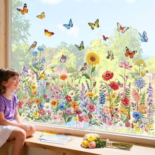 decalmile Spring Summer Garden Flower Double Sided Window Clings Wildflower Butterfly Plants Anti-Collision Glass Doors Window Stickers Decals - color: Garden Flower