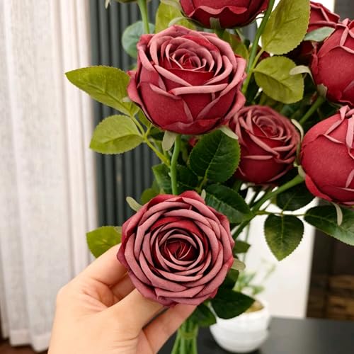 18pcs Artificial Roses, Realistic Fake Roses with Stems, Low Maintenance Real Touch Floral Decor for Home Wedding Table Centerpieces(18, Wine red) - color: Wine Red