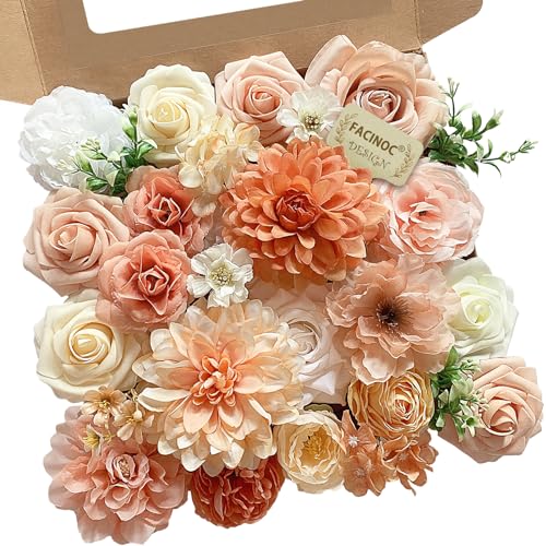 FACINOC Roses Artificial Flowers Orange Fake Flower with Stems for DIY Wedding Bouquets Bridal Baby Shower Centerpiece Table Decorations Silk Faux Floral Arrangements for Party Home Decor Indoor Peach - color: Orange Peach Flowers