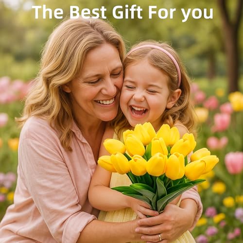 20 Pcs Tulips Artificial Flowers, 13.5'' Real Touch PU Fake Flowers Bouquet for Home Party, Spring Wedding Floral Arrangement, Valentine's, Easter and Mother's Day Decor (Yellow) - color: Yellow