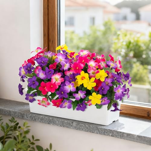 Fake Artificial Flowers for Outdoors 6 PCS Azalea Bouquet Silk Flowers for Outside UV Resistant Faux Flowers Plants for Outdoor Planters Realistic Spring Home Front Door Patio Garden Porch Decor - color: Mt Azalea B-mix Color a ( Purple1 Purple2 + Rose Re
