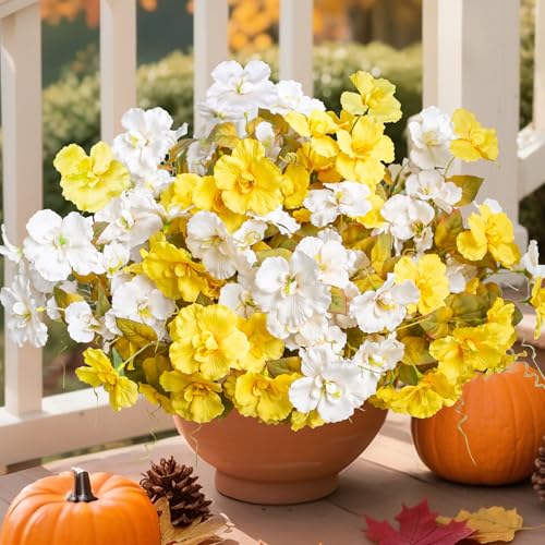Hoppwodd Fall Flowers Fake Flowers Mums for Outdoors Autumn Decoration, 6 Bundles Artificial Flowers Faux Silk Plants Realistic UV Resistant for Outside Planter Patio (Fall Yellow White) - color: Fallyellwhi
