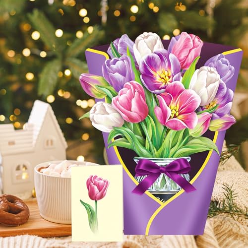 Airpark Pop Up Flower Bouquet Card for Women, 3D Floral Greeting Card with Envelope and Note, Birthday Thank You Thinking of You Get Well Gift for Mom Friend Wife Teacher, Tulip - style: Tulips