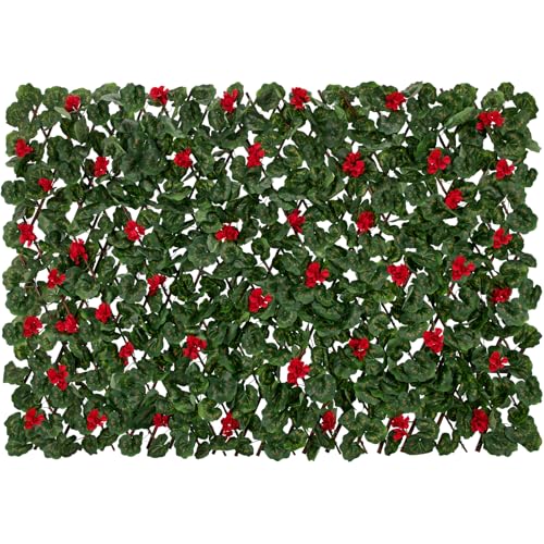 Expandable Fence Privacy Screen with Artificial Flower, Greenery Expandable Stretchable Covers Panel Privacy Fence for Balcony Patio Garden, Single Sided Leaves (Red Geranium, 1 Pack) - color: Red Geranium, size: 1 Pack