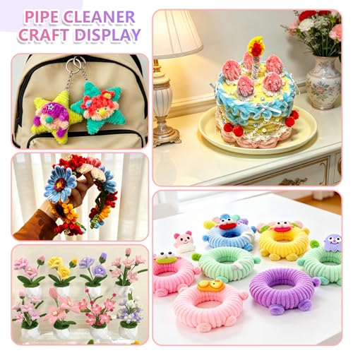 800Pcs Pipe Cleaners Craft, 32 Colors Pipe Cleaner Bulk, Thick Fluffy Chenille Stems, Crafting Supplies with Decorative Beads, Keychain, Round Cardstock & Assorted Pom Poms, DIY Projects for Gift - color: 800 Pcs 32 Colors-Donuts