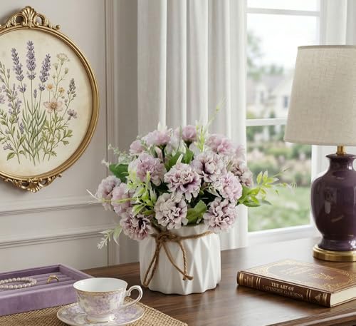 TKAS Fake Flowers Arrangement in Ceramic Vase, Artificial Faux Silk Hydrangea, Small Realistic Dried-Style Floral, Dining Table Centerpiece for Wedding Party Home Decoration (Purple) - color: Purple