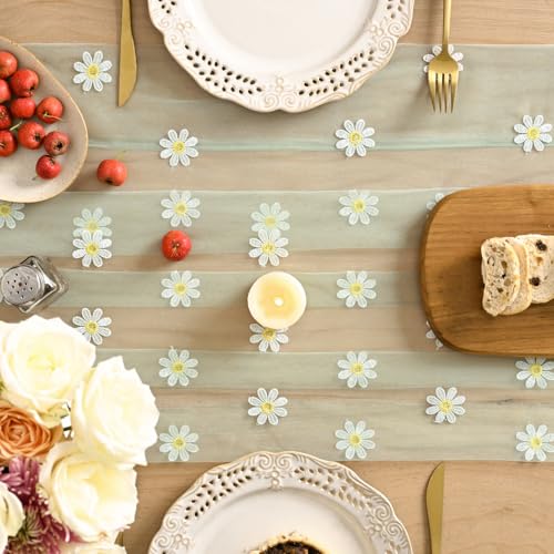 Artoid Mode Sage Green Daisy Gauze Embroidery Table Runner 120 Inch 10FT, Tulle Seasonal Spring Kitchen Dining Holiday Table Decor for Home Party - color: Sage Green