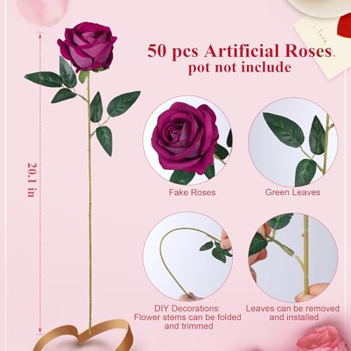 50 PCS Roses Artificial Flowers, Fake Roses with Stem Realistic Magenta Silk Roses for DIY Wedding Bouquets Table Centerpieces Arrangements Baby Shower Birthday Home Decor Valentine's Day Gift for Her - color: Magenta