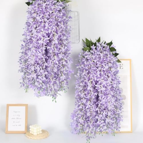 RECUTMS Artificial Lilac Flowers Garland 33.5in Faux Hanging Wisteria Vines 6Pcs Fake Silk Lilac Floral Decoration for Home Garden Wedding Arch Birthday Party Indoor Outdoor (Purple) - color: Purple-6p