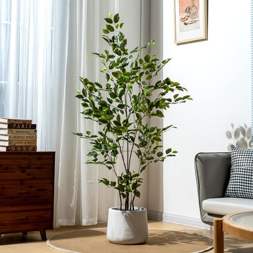 Bailikang Artificial Ficus Tree Indoor 5ft, Large Potted Faux Tree with Realistic Silk Leaves & Trunk for Home Office, Living Room Corner Decor - color: Green, size: 5ft