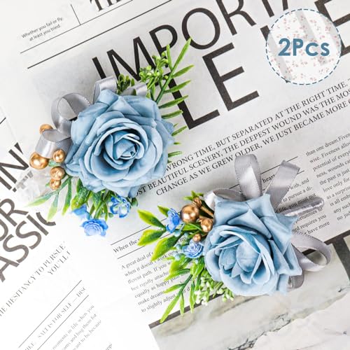 2 Pcs Blue Rose Wrist Corsage and Boutonniere Set, Rose Corsage Hand for Women, Boutonniere for Men Wedding Artificial Flowers Accessories Prom Decor, Wedding Flower Party Accessories (Blue) - color: Blue
