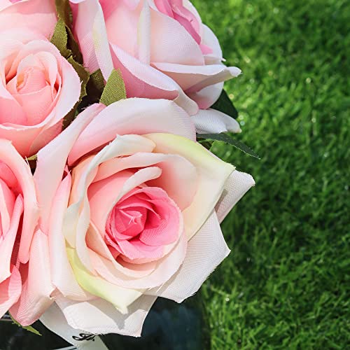 XIAYAN Artificial Flower and Glass vase, Silk Rose Flower Glass Bottle Set, Suitable for Living Room, Dining Table, Office, Wedding, Hotel Banquet and Other Home Decoration. (Pink)……… - color: Pink