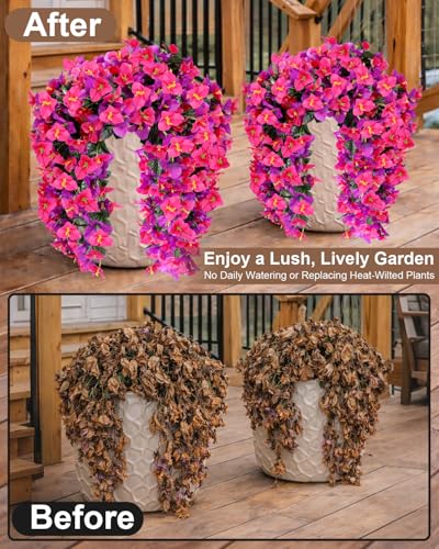 Artificial Flowers for Outdoors – 2 Bundles of UV-Resistant Artificial Bougainvillea, Realistic Silk Flowers for Front Porch, Patio, Garden, Window Boxes & Hanging Baskets (Purple& Hot Pink, 2) - color: Purple& Hot Pink, size: 2 Bundles