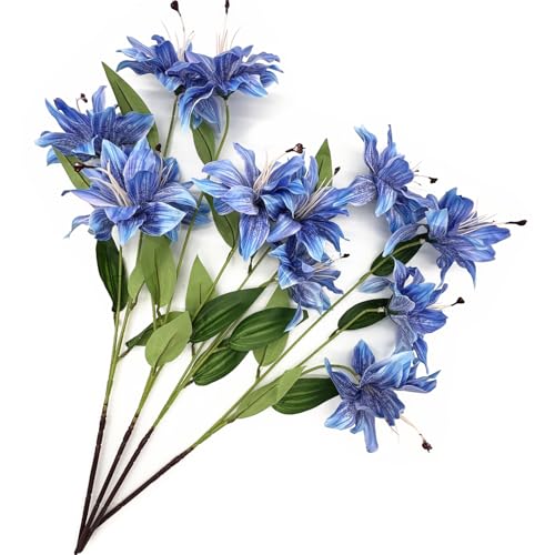 Fake Lily Flower Stargazer Lily Artificial Flowers Decoration, Long Stems Vintage Real Touch Faux Silk Lilies Bouquet for Spring Indoor Home Office Wedding Party Centerpiece Arrangement - Blue 4 Pack - color: Lily Flowers - Blue 4 Pcs