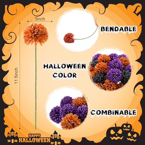 XunYee 24 Pcs Halloween Artificial Flowers Halloween Chrysanthemums Ball Flowers Black Orange Purple Fake Hydrangea for Halloween Party Home Table Centerpieces vase Decor