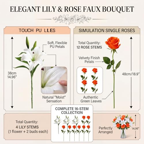 Fake Flower, 16 Pcs Plastic Orange Roses & PU White Lilies, Artificial Flowers Faux Bouquet Realistic for Vase Home Decor Gifts for Mother's Day Table Centerpiece Wedding Bridal Arrangement