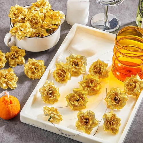 Syhood 100 Pieces Artificial Roses Head 1.77 in Rose Small Silk Fake Floral for Wedding Wall Garland Bouquet Derby Crafts Decorations(Gold) - color: Gold