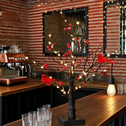 Cardinal Red Berries Tree Table Decoration Light for Tabletop Centerpiece Christmas Decorations, LED Warm Light Up Christmas Tree LED Fairy Spirit Tree Lamp with 3 AA Battery & USB Plug - style: Red Bird Tree Lamp