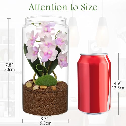 Pink Orchids Artificial Flowers with Vase, Small Faux Orchid Arrangement Fake Orchids Plant in Terrarium Jar Small Pink Orchid Centerpieces for Kitchen Dining Room Tables Bathroom Nightstand Decor - color: Pink + Brown Sand